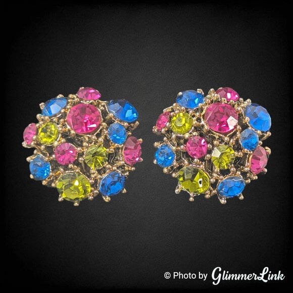 Vintage Domed Pink Blue & Green Rhinestone Cluster Gold Tone Clip On Earrings - Picture 1 of 8